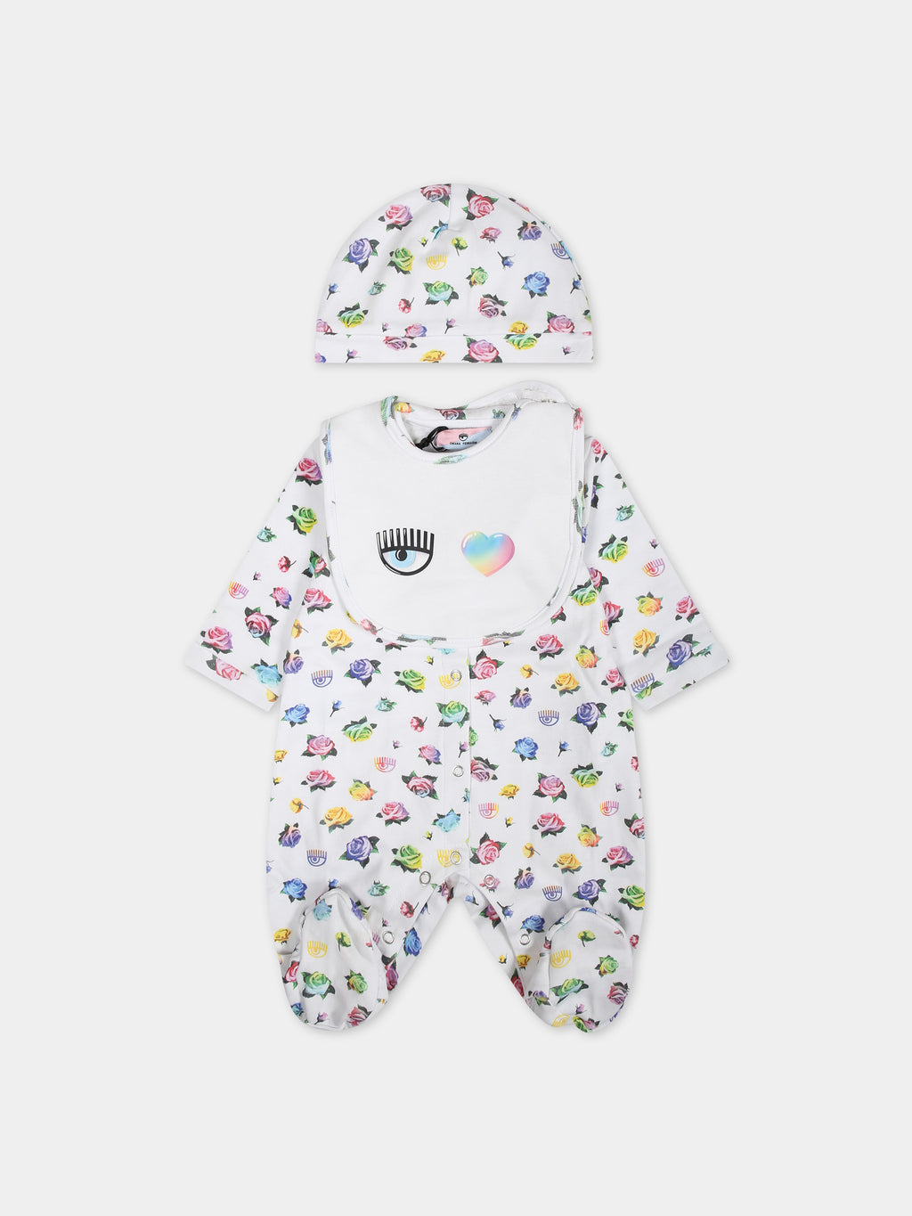 Pink playsuit for baby girl with flirting eyes and multicolor roses